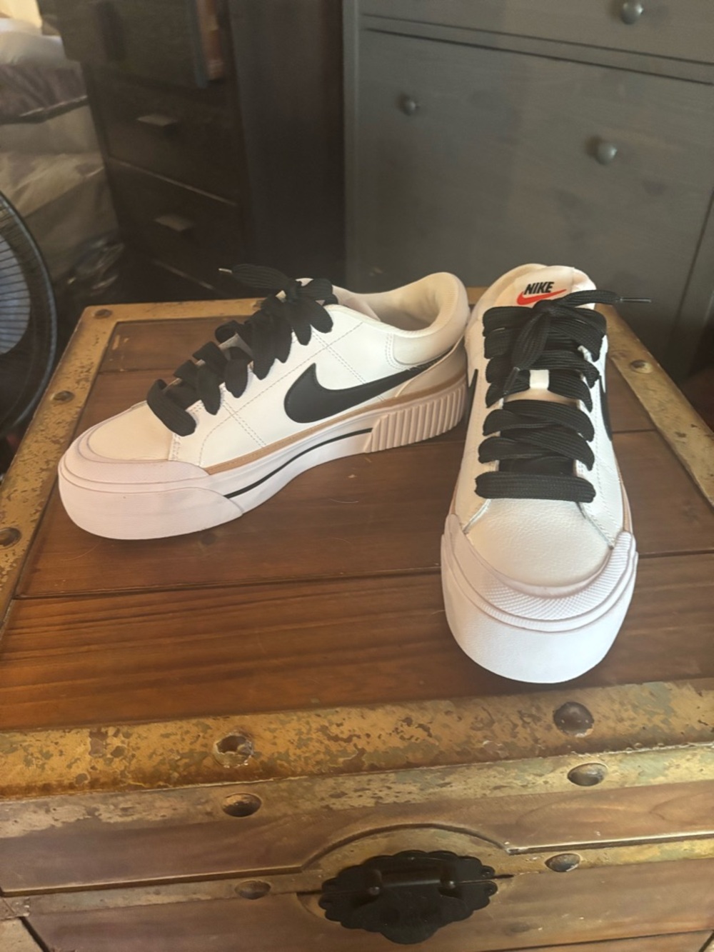 Nike White Sneakers with Black Swoosh and Tan Accent - Picture 3 of 4